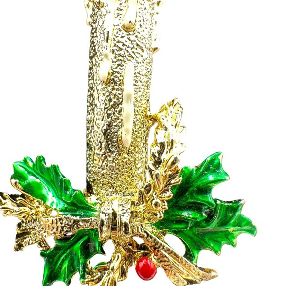 Vintage Gold Tone Candle Holly Christmas Brooch Holiday Jewelry Accessory - Picture 6 of 9